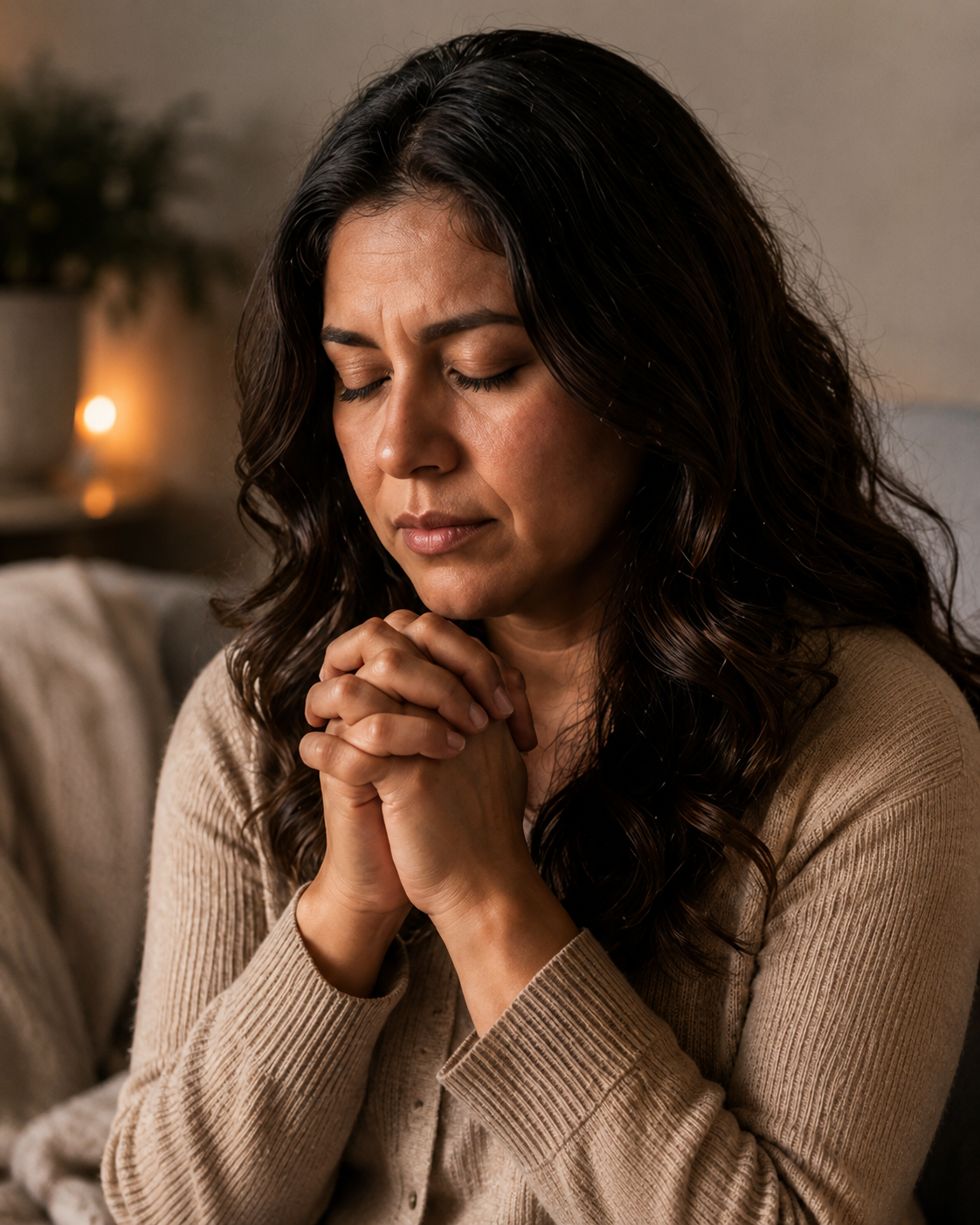 A Hispanic woman in quiet prayer, hands folded.