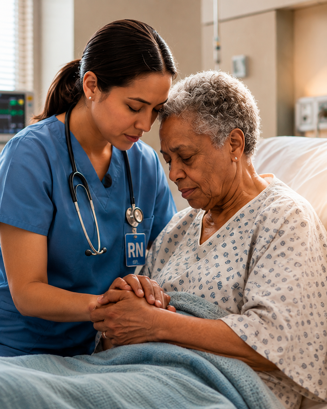 A nurse praying with an elderly patient at the bedside.