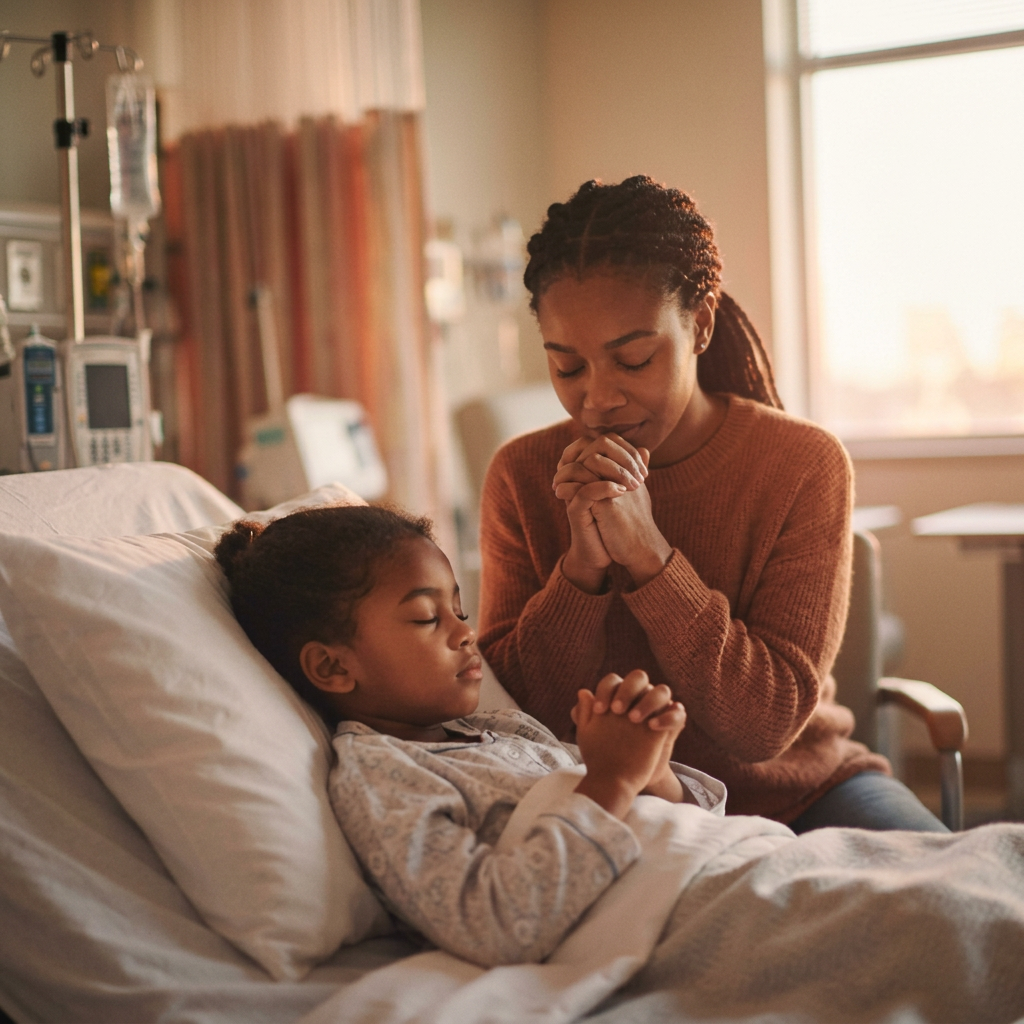 An African American mother holding her son in prayer in a hospital room.